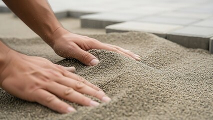 Hands leveling sand for paving project, smooth granular base preparation