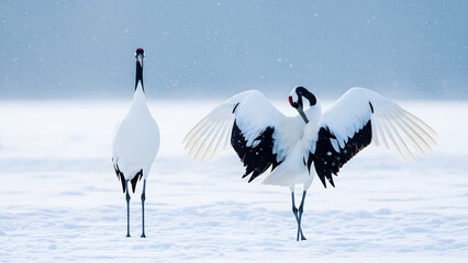Two Red Crowned Cranes standing in a snowy landscape with one bird stretching its wings grus japonensis