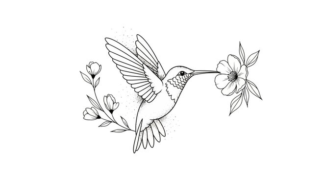 Delicate Fine Line Hummingbird with Floral Elements Tattoo Stencil on White_transparent.svg