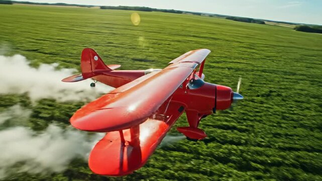 A vibrant red biplane performs stunning aerobatic maneuvers over lush green fields. this display captures the thrill and freedom of flight.