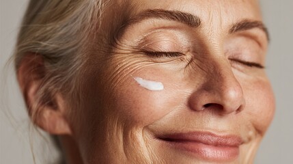 Obraz premium Close-up of Smiling Elderly Woman Applying Skincare Cream on Cheek in Bright Natural Light