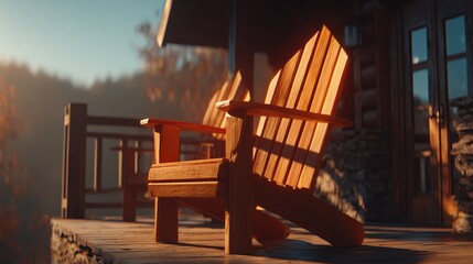 Relaxing Adirondack Chairs: Cozy Cabin Retreat Stock Photo, Log cabin