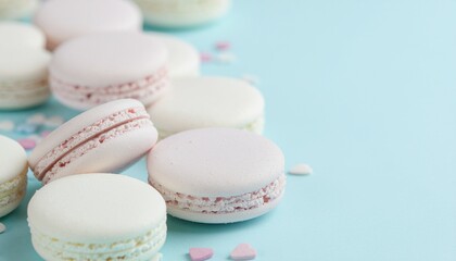 Fototapeta premium パステルマカロンとハート型コンフェッティ（コピースペースあり・4Kリアリスティック・季節の） Pastel Macarons with Heart Confetti (Copy Space・4K Realistic・Seasonal) 