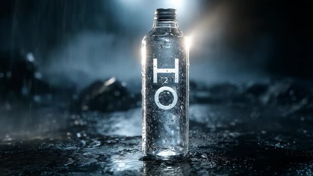 A clear bottle stands prominently with condensation glistening against the backdrop of a dark and rainy environment. Raindrops cascade around the bottle, creating a mesmerizing dis