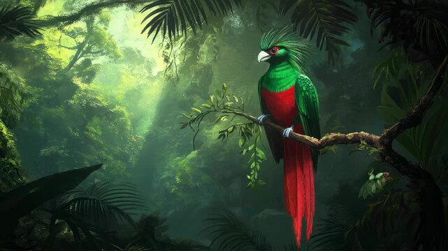Vibrant Quetzal Perched in Lush Rainforest: A Stunning Display of Nature's Beauty and Majesty