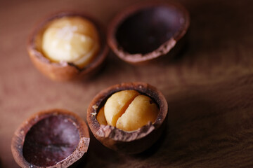 Roasted Macadamia in shell. Macadamia nuts are rich in vitamins, minerals, fiber and antioxidants
