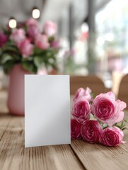Obraz premium Vertical Greeting Card Placed on Pastel Pink Table With Blurred Roses in the Background, Perfect for a Special Occasion