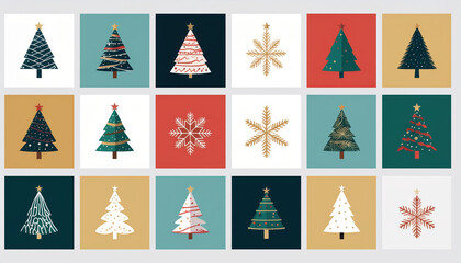 Festive minimalist Christmas tree and snowflake icons in colorful square tiles, retro flat design with gold accents, cozy holiday pattern and joyful seasonal illustration