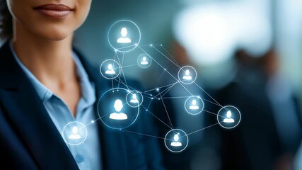 Businesswoman in a suit stands confidently with a digital network of connected people icons overlaying the image. Modern technology and professional networking concept are depicted clearly - Powered by Adobe