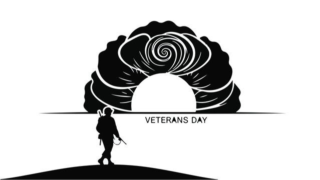 Solemn soldier walks towards a memorial archway adorned with a stylized flower, honoring Veterans Day. - Powered by Adobe