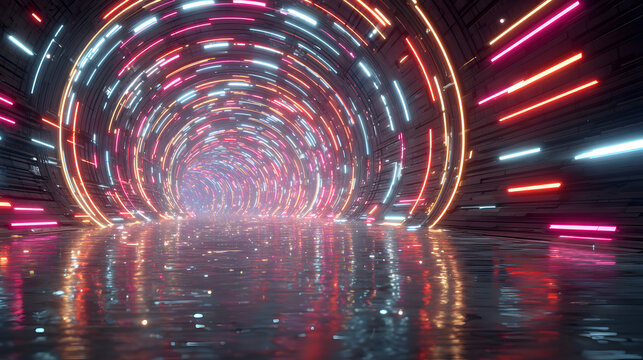 Abstract flight in retro neon hyper warp space in the tunnel 3d illustration