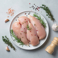 Raw chicken breasts on a white plate with rosemary, thyme, garlic, peppercorns, and pink salt on a light background. Fresh poultry ingredient prepared for cooking.