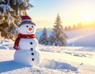 Obraz premium Snowman with red scarf and hat stands in snowy winter landscape at sunset, creating joyful and festive atmosphere with snow covered trees and warm sunlight glow