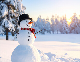 Obraz premium Snowman winter hat scarf carrot nose with stick arms in snowy forest at sunset, creating joyful and festive holiday atmosphere in cold weather