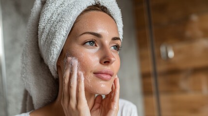 Young Woman Washing Face in Bathroom with Towel Wrapped Hair Natural Skincare