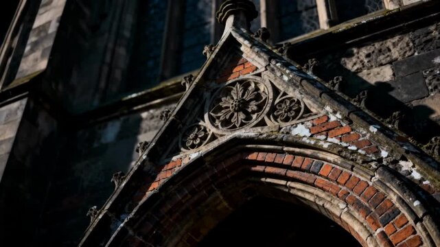 Closeup medium view of a Gothic brick archway emphasizing pointed arches and detailed stonework ideal for dramatic architectural aesthetics.