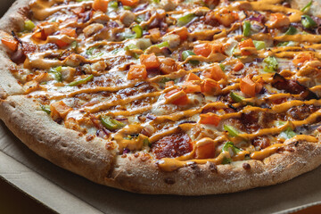 Close-Up of Freshly Baked Pizza with Colorful Toppings