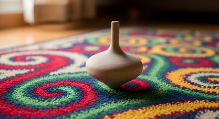 Wooden spinning top on a colorful patterned carpet close up shot