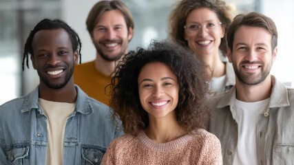 Diverse group of young professionals smiling together in a modern office environment, representing teamwork and inclusivity. Positive energy and collaboration are evident in their expressions - Powered by Adobe
