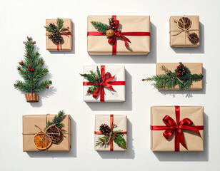 Christmas gift box with natural decoration and red ribbon bow, festive holiday presents wrapped in brown and white paper with pine cones and dried orange slices