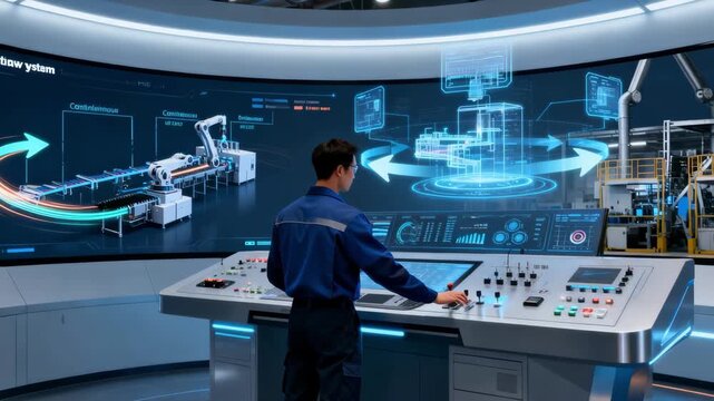 Worker monitoring AIdriven workflow automation optimizing production speed with smooth continuous process enhancements.