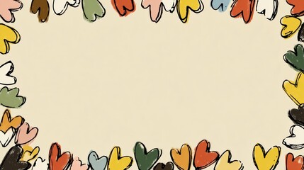 Fototapeta premium Colorful Doodle Hearts Create a Playful Border on a Beige Canvas With Open Center for Childrens Card Design