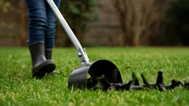 Person tending garden lawn with dethatcher in outdoor setting