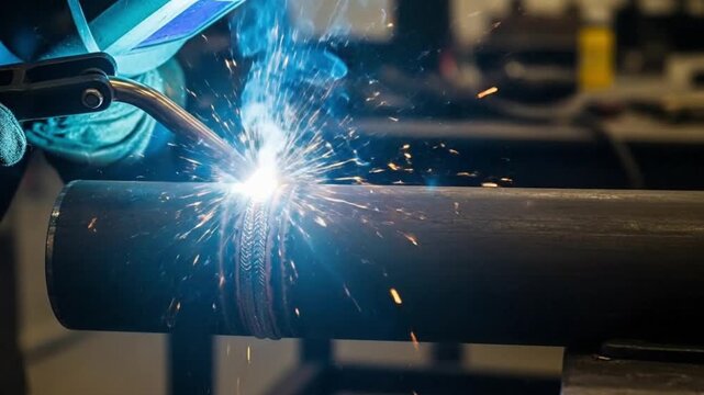 Professional Welder in Protective Gear Performing MIG Welding on a Metal Pipe in a Factory