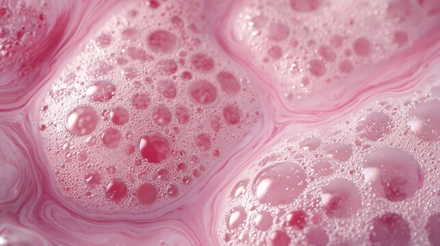 Pink Bubbles and Foam on Liquid Surface in Close Up