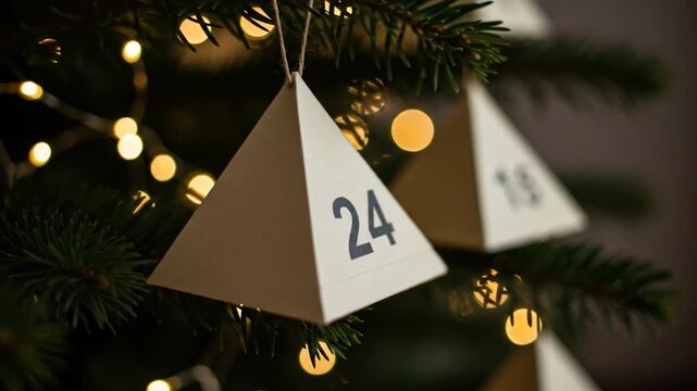 Close-up of a triangular advent calendar hanging on a decorated tree with blurred lights