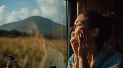Relaxed Woman Looking Out Window in Natural Light with Mountain View