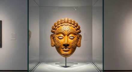 Carved mask in glass display case details around eyes forehead ears