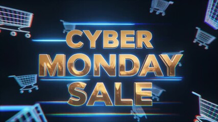 Cyber Monday Sale announcement with glitch effects and floating shopping carts