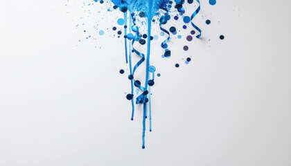 Blue paint splash with streamers and confetti falling on white background conveying festive motion and energetic mood