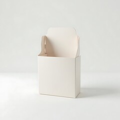 Blank White Cardboard Box Open with Flap in Minimalist Studio Setting