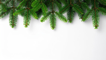Evergreen fir branches border white background creating festive botanical frame with natural green needles and soft light evoking calm seasonal mood