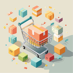 Fototapeta premium Shopping Cart Full of Gift Boxes with Decorative Shapes