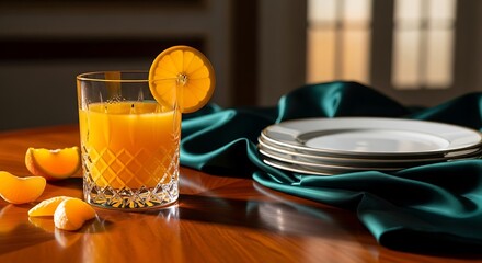 Refined breakfast scene featuring orange juice and elegant table setting