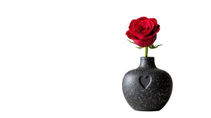 A single red rose in small black vase with heart shape isolated on white background 