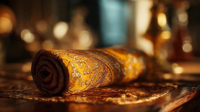 A vibrant yellow fabric is meticulously rolled and rested on a richly textured wooden surface, showcasing intricate patterns. The warm sunlight bathes the fabric, highlighting its