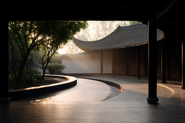 traditional chinese architecture, traditional chinese architecture features curved roofs atop courtyard structures, creating an atmospheric serenity in the glowing sunrise