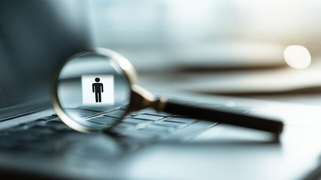 Magnifying Glass Focuses on Person Icon on Laptop Highlighting Workforce Analysis and Talent Search