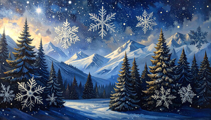 Fototapeta premium Winter mountain landscape with snow covered pine trees and large snowflakes falling under starry night sky, creating peaceful and magical atmosphere