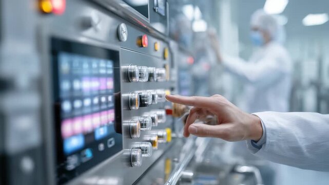 Close up technician's hand operating modern industrial control panel in high tech manufacturing facility. Advanced automation, precision technology are showcased in this innovative environment