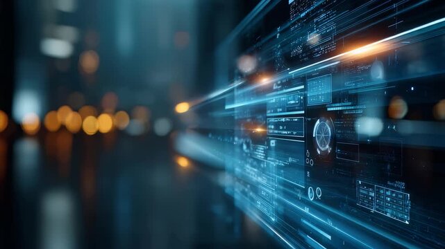 Futuristic digital interface with glowing data streams and holographic elements in a high tech environment. Modern technology and innovation concept for advanced computing and AI solutions - Powered by Adobe