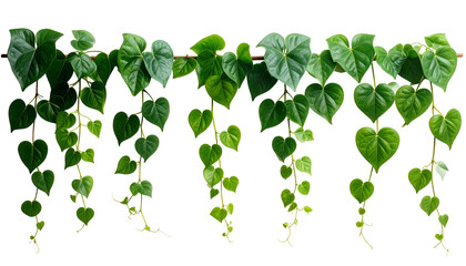 Green heart-shaped leaves on vines cascade from a wooden rod against a black background