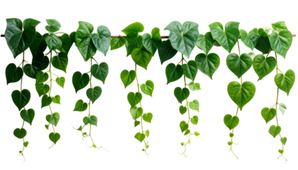 Green heart-shaped leaves on vines cascade from a wooden rod against a black background