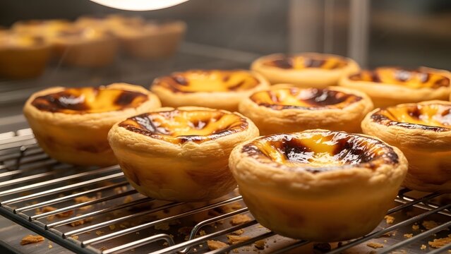 Close-up view of freshly baked Portuguese egg tarts with caramelized tops on a metal cooling rack in a display case.