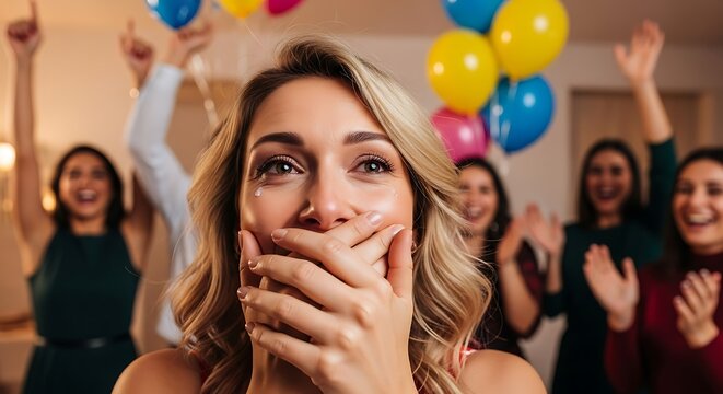 A Woman Celebrates Excitement with Friends at a Fun Celebration Party - Powered by Adobe