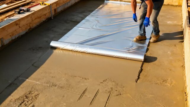 Medium shot of a worker unrolling a sheet vapor barrier over a building foundation carefully aligning it to ensure complete moisture protection.